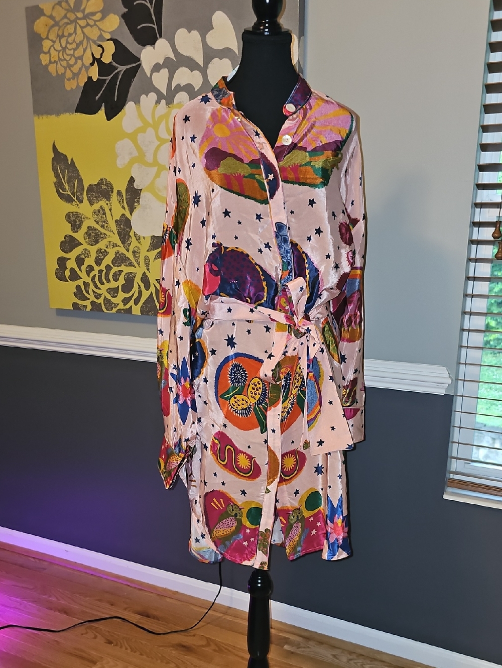 NWT-FARM Rio Pink Multicolor Printed Long Sleeve Shirt Dress with Self-Tie Sz L